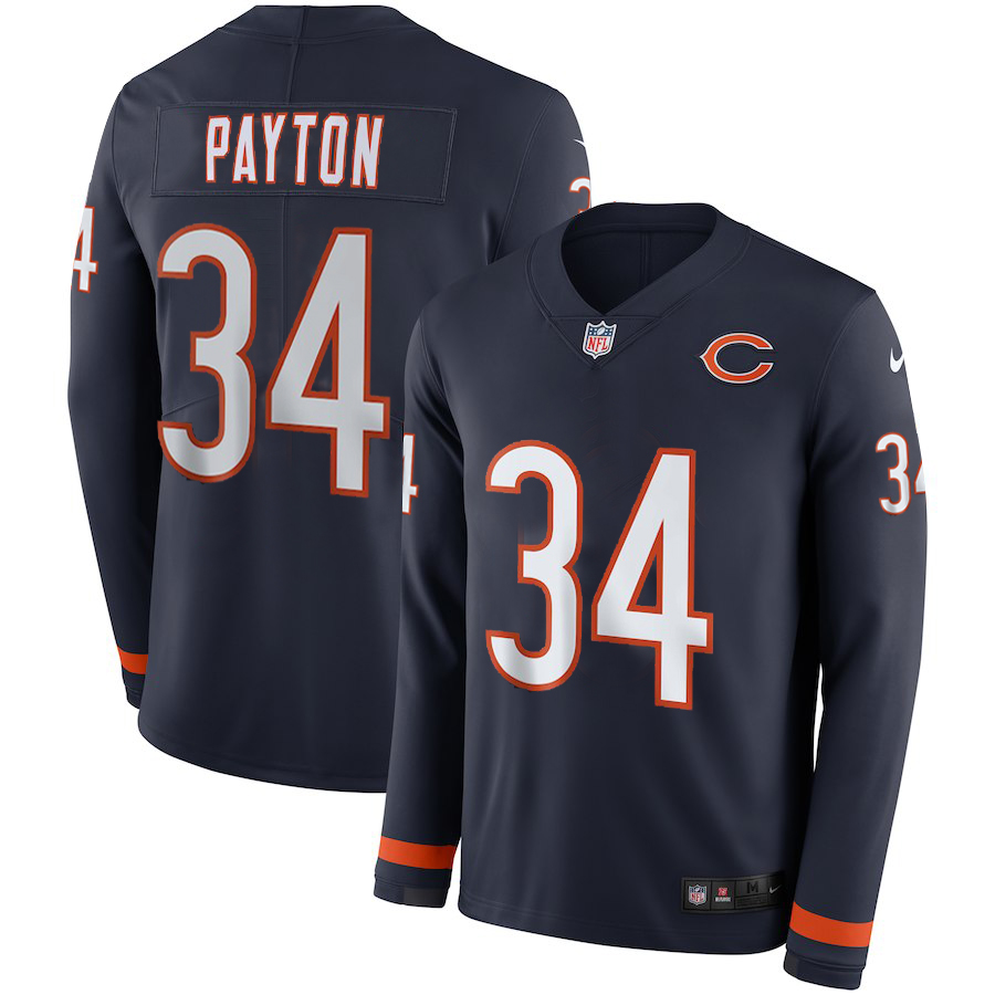 Men's Navy Chicago Bears #34 Walter Payton Therma Long Sleeve Stitched Jersey