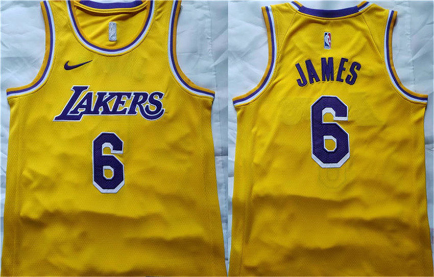 Men's Yellow Los Angeles Lakers #6 LeBron James Stitched Basketball Jersey