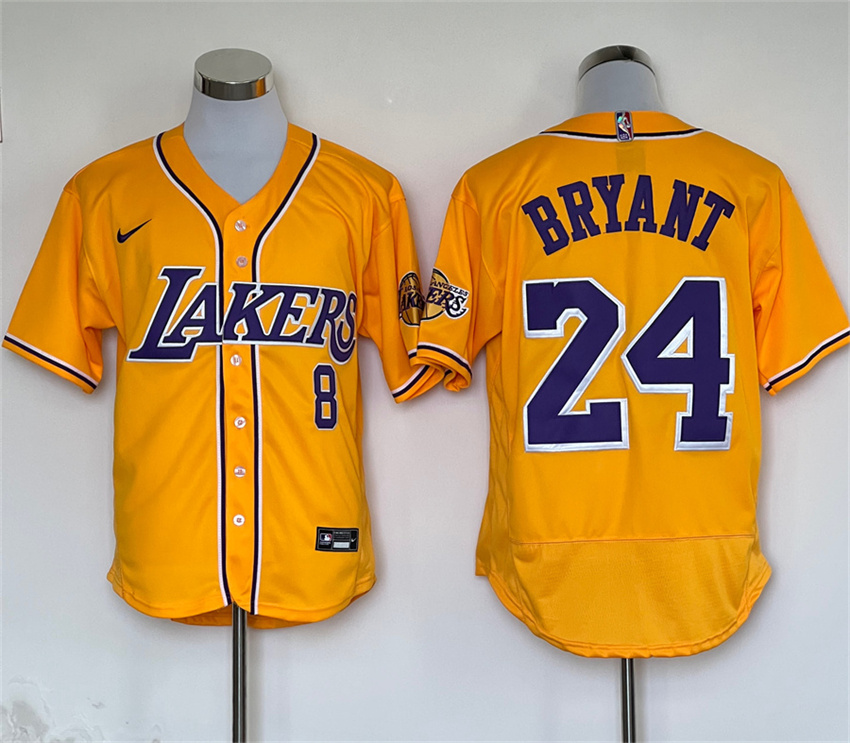 Men's Yellow Los Angeles Lakers Front #8 Back #24 Kobe Bryant Stitched Baseball Jersey