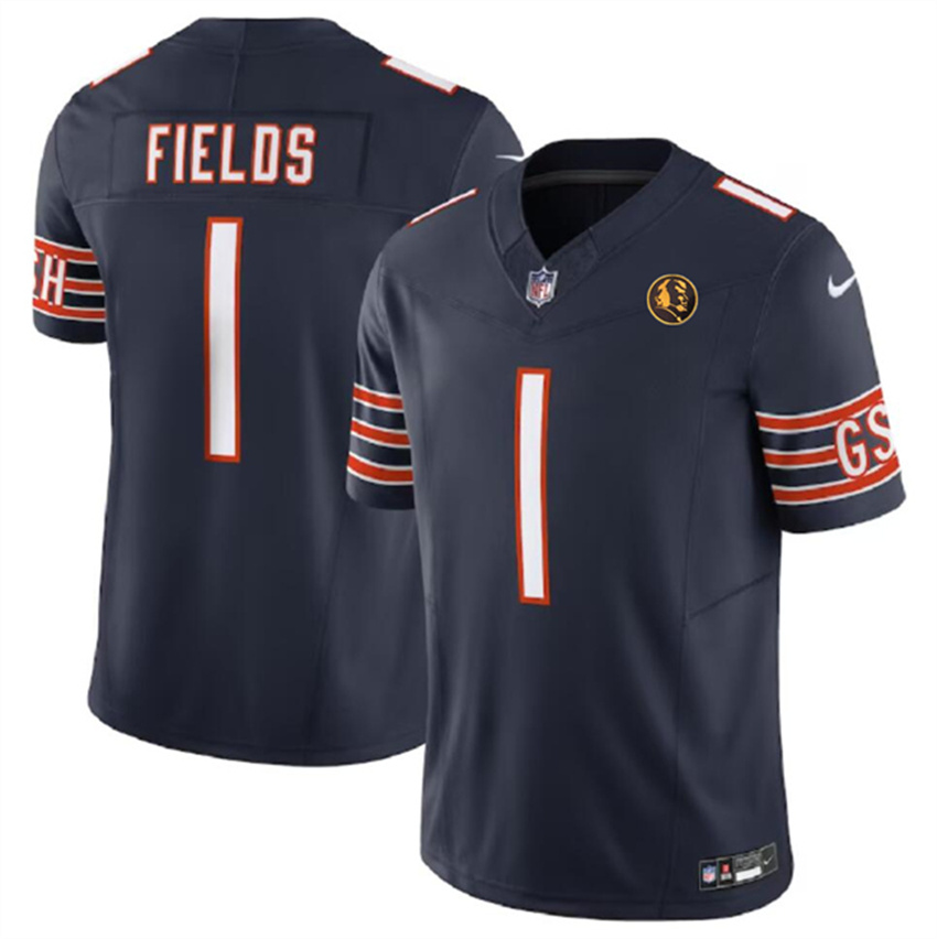 Men's Navy Chicago Bears #1 Justin Fields 2023 F.U.S.E. With John Madden Patch Vapor Limited Stitched Football Jersey