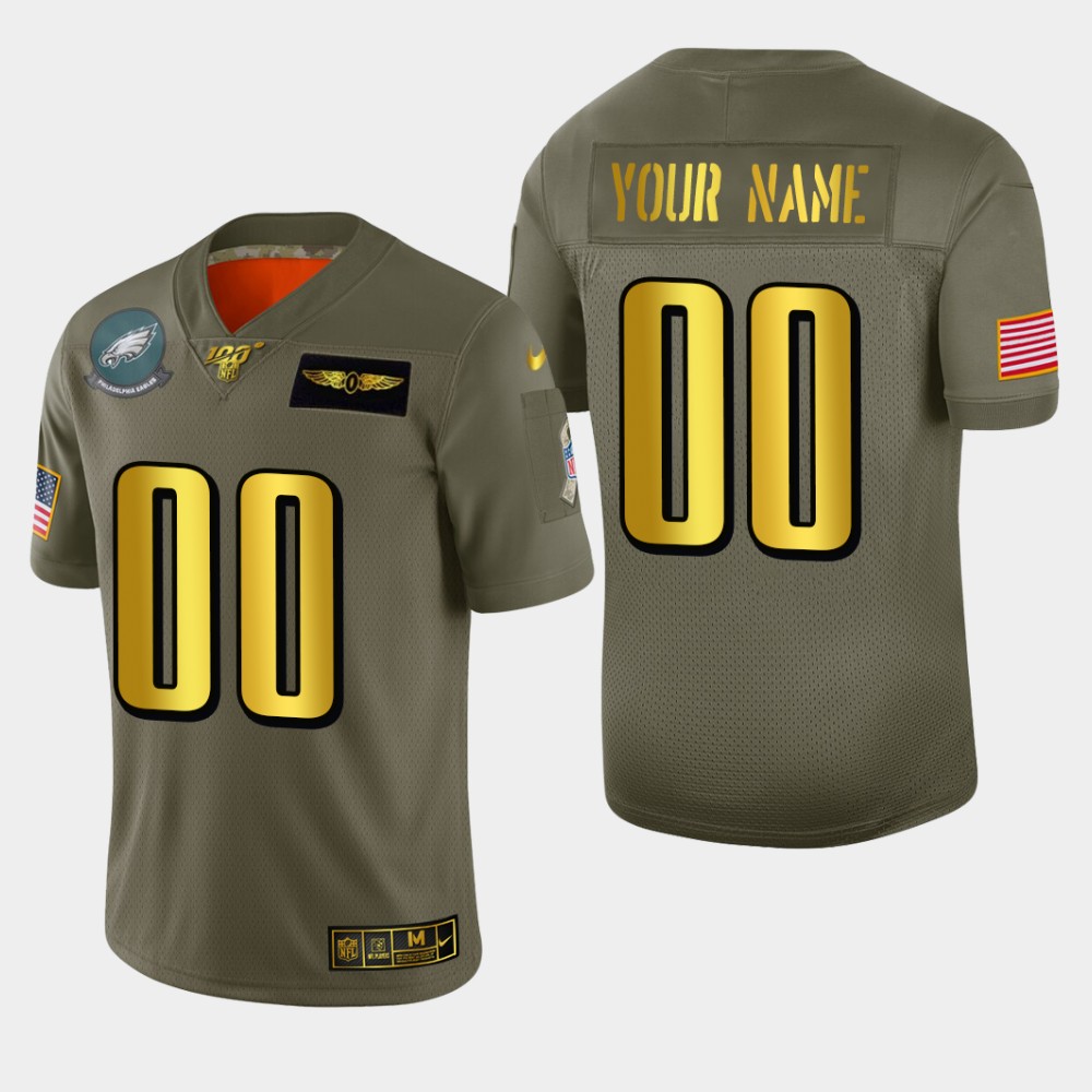 Men's Philadelphia Eagles Custom Olive Gold 2019 Salute to Service Limited Football 100 Jersey