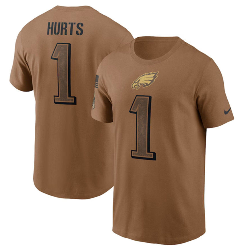 Men's Brown Philadelphia Eagles #1 Jalen Hurts 2023 Salute To Service Name & Number T-Shirt