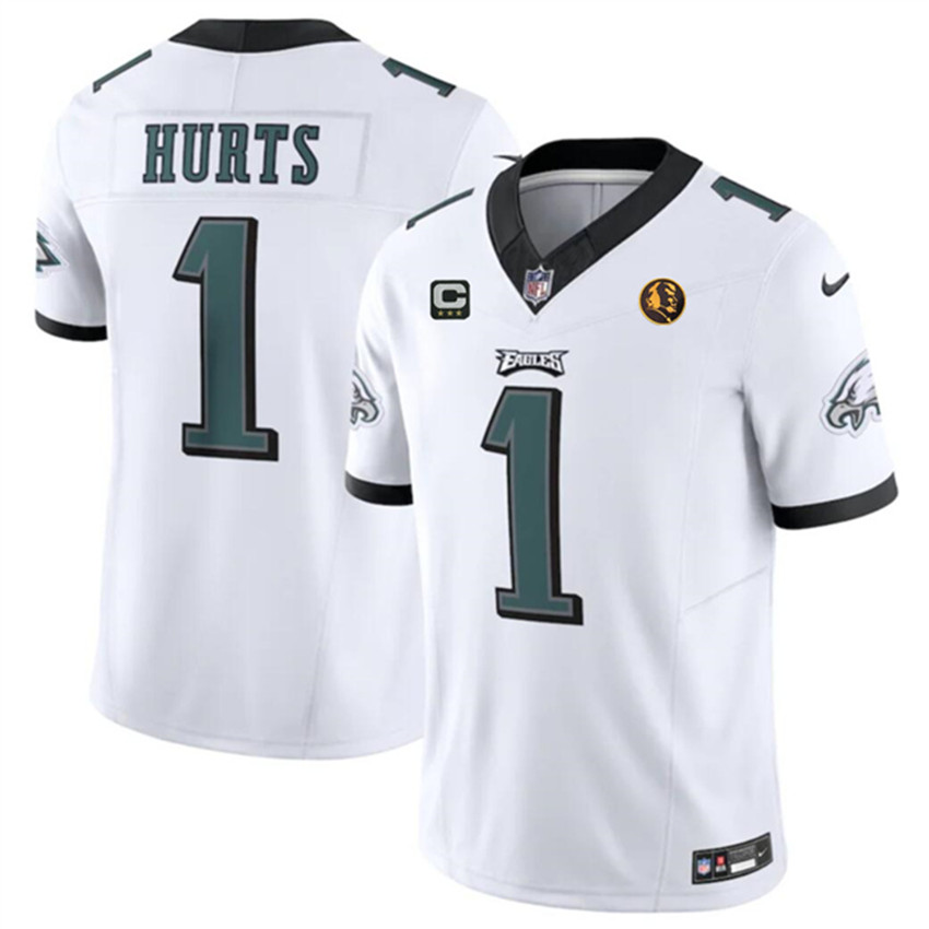 Men's White Philadelphia Eagles #1 Jalen Hurts 2023 F.U.S.E. With 3-star C Patch And John Madden Patch Vapor Limited Stitched Football Jersey