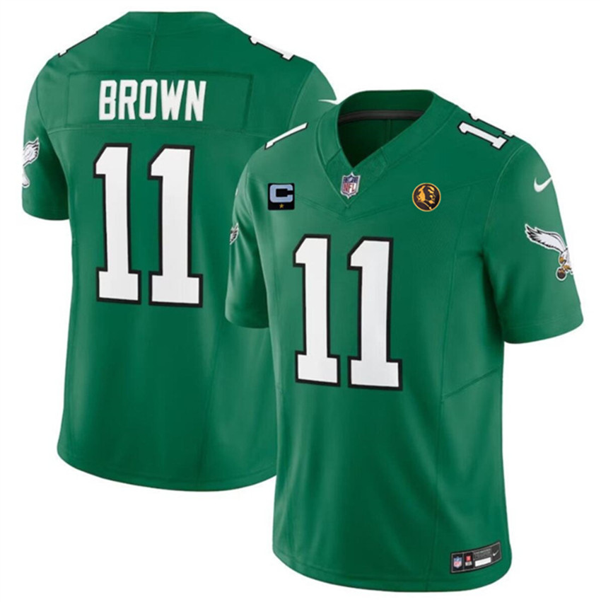 Men's Green Philadelphia Eagles #11 A. J. Brown 2023 F.U.S.E. Throwback With 1-star C Patch And John Madden Patch Vapor Limited Stitched Football Jersey