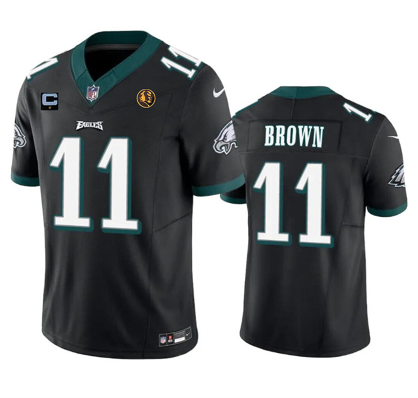 Men's Black Philadelphia Eagles #11 A. J. Brown 2023 F.U.S.E. With 1-star C Patch And John Madden Patch Vapor Limited Stitched Football Jersey