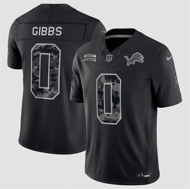 Men's Black Detroit Lions #0 Jahmyr Gibbs F.U.S.E. 2026 Salute To Service Limited Stitched Football Jersey