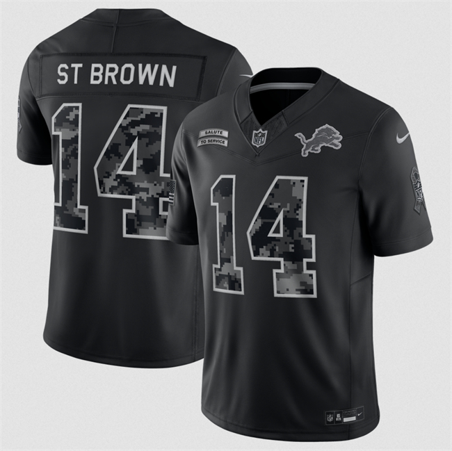 Men's Black Detroit Lions #14 Amon-Ra St. Brown F.U.S.E. 2026 Salute To Service Limited Stitched Football Jersey