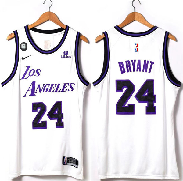 Men's White Los Angeles Lakers #24 Kobe Bryant 2022/23 With NO.6 Patch Stitched Basketball Jersey