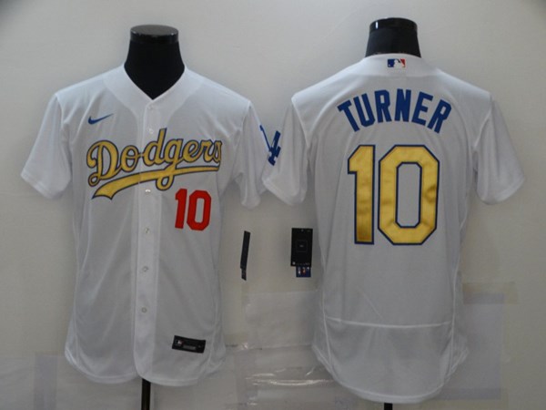 Men's Los Angeles Dodgers White Gold #10 Justin Turner 2021 Sttiched Jersey