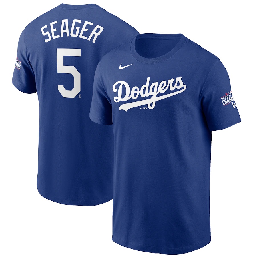 Men's Los Angeles Dodgers Blue #5 Corey Seager 2020 World Series Champions T-Shirt