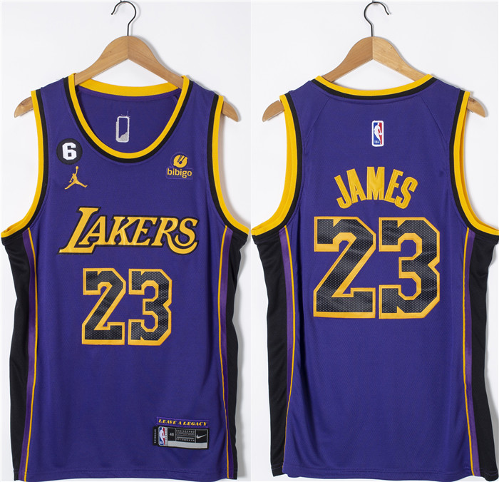 Men's Purple Los Angeles Lakers #23 LeBron James With NO.6 Patch Stitched Basketball Jersey