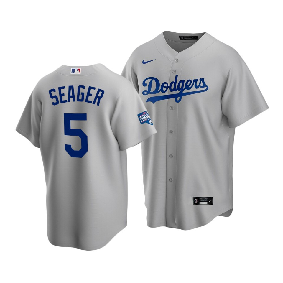 Men's Los Angeles Dodgers Grey #5 Corey Seager 2020 World Series Champions Home Patch Cool Base Stitched Jersey