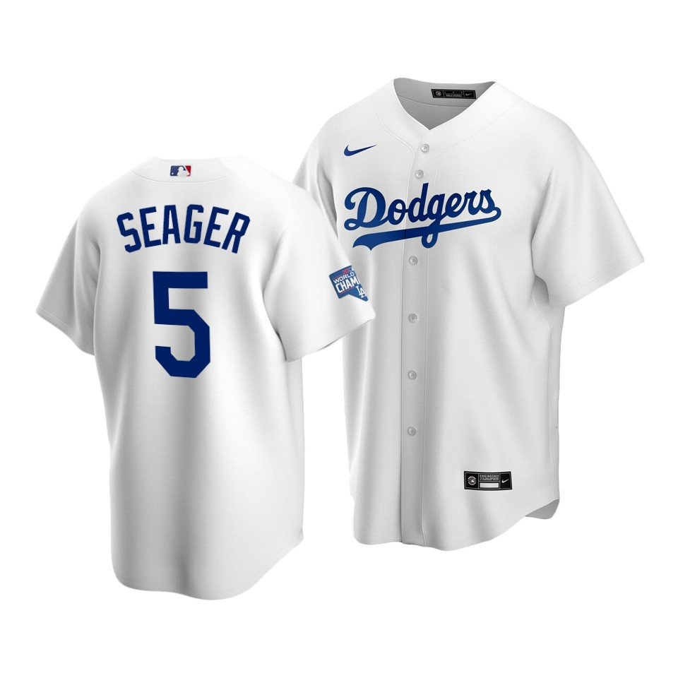 Men's Los Angeles Dodgers White #5 Corey Seager 2020 World Series Champions Home Patch Cool Base Stitched Jersey