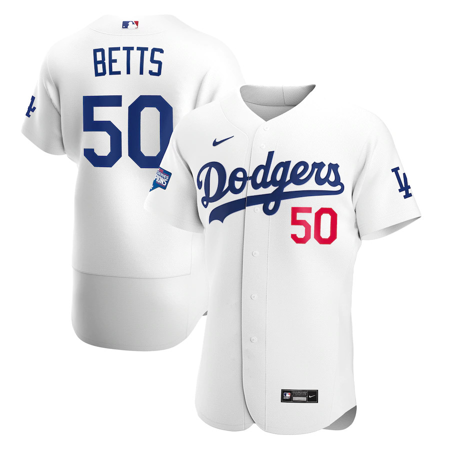 Men's Los Angeles Dodgers White #50 Mookie Betts 2020 World Series Champions Home Patch Stitched MLB Jersey