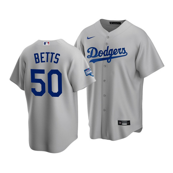 Men's Los Angeles Dodgers Grey #50 Mookie Betts 2020 World Series Champions Home Patch Cool Base Stitched Jersey