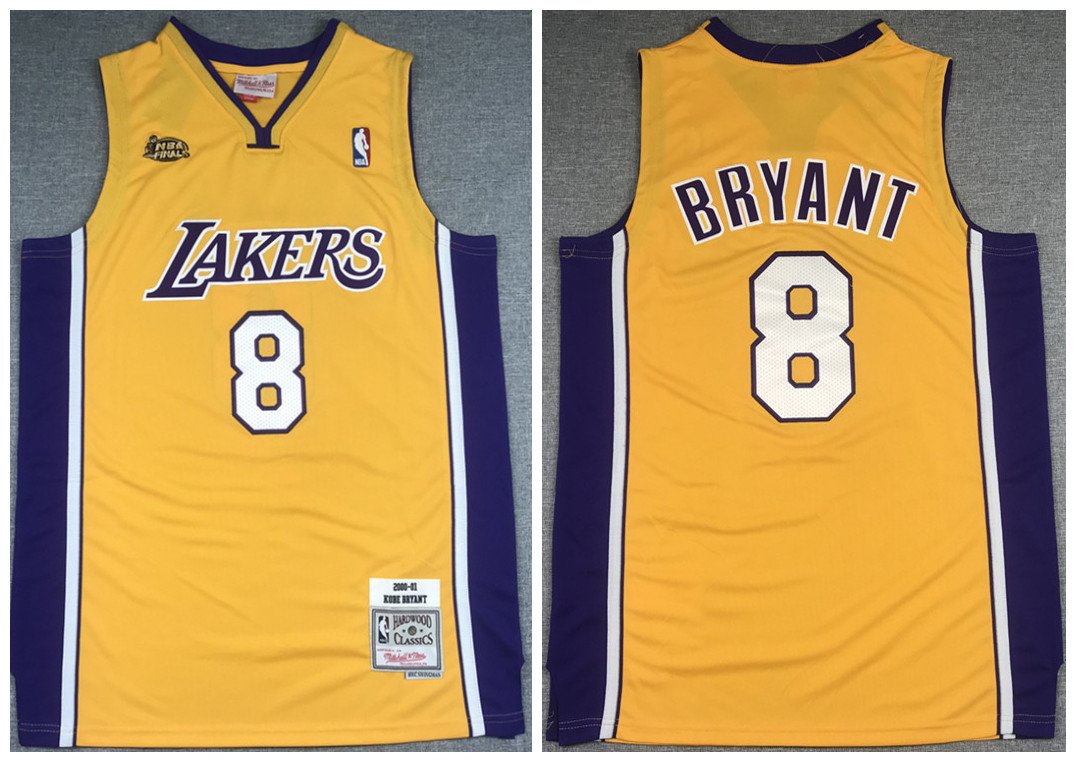 Men's Los Angeles Lakers #8 Kobe Bryant Gold NBA Final 2000-2001 Throwback Stitched Jersey