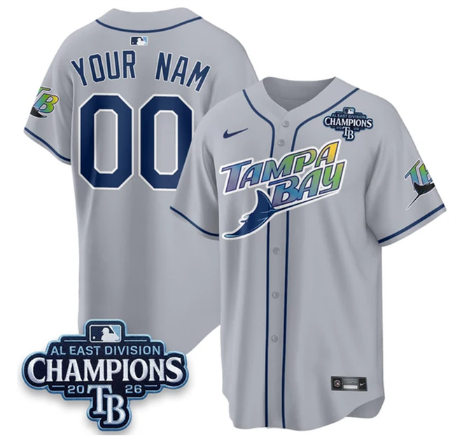 Men's Gray Tampa Bay Rays ACTIVE PLAYER Custom 2026 AL East Champions Patch Limited Stitched Baseball Jersey
