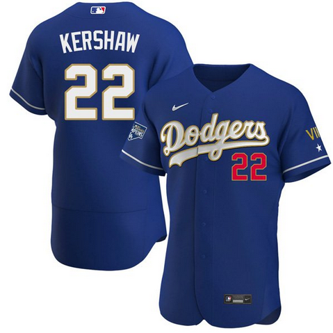 Men's Royal Blue Los Angeles Dodgers #22 Clayton Kershaw Championship Flex Base Sttiched MLB Jersey