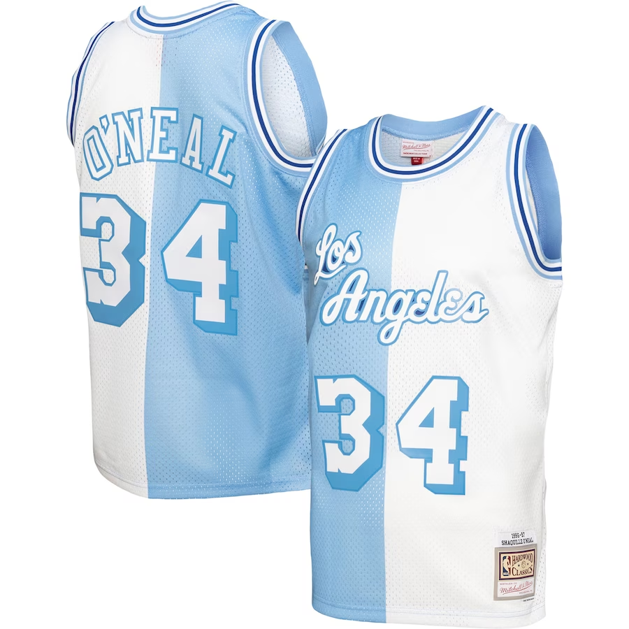 Men's Blue/White Los Angeles Lakers #34 Shaquille O'Neal Hardwood Classics 1996/97 Split Swingman Jersey