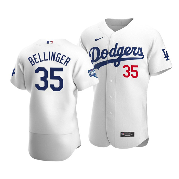 Men's Los Angeles Dodgers White #35 Cody Bellinger 2020 World Series Champions Patch Flex Base MLB Sttiched Jersey