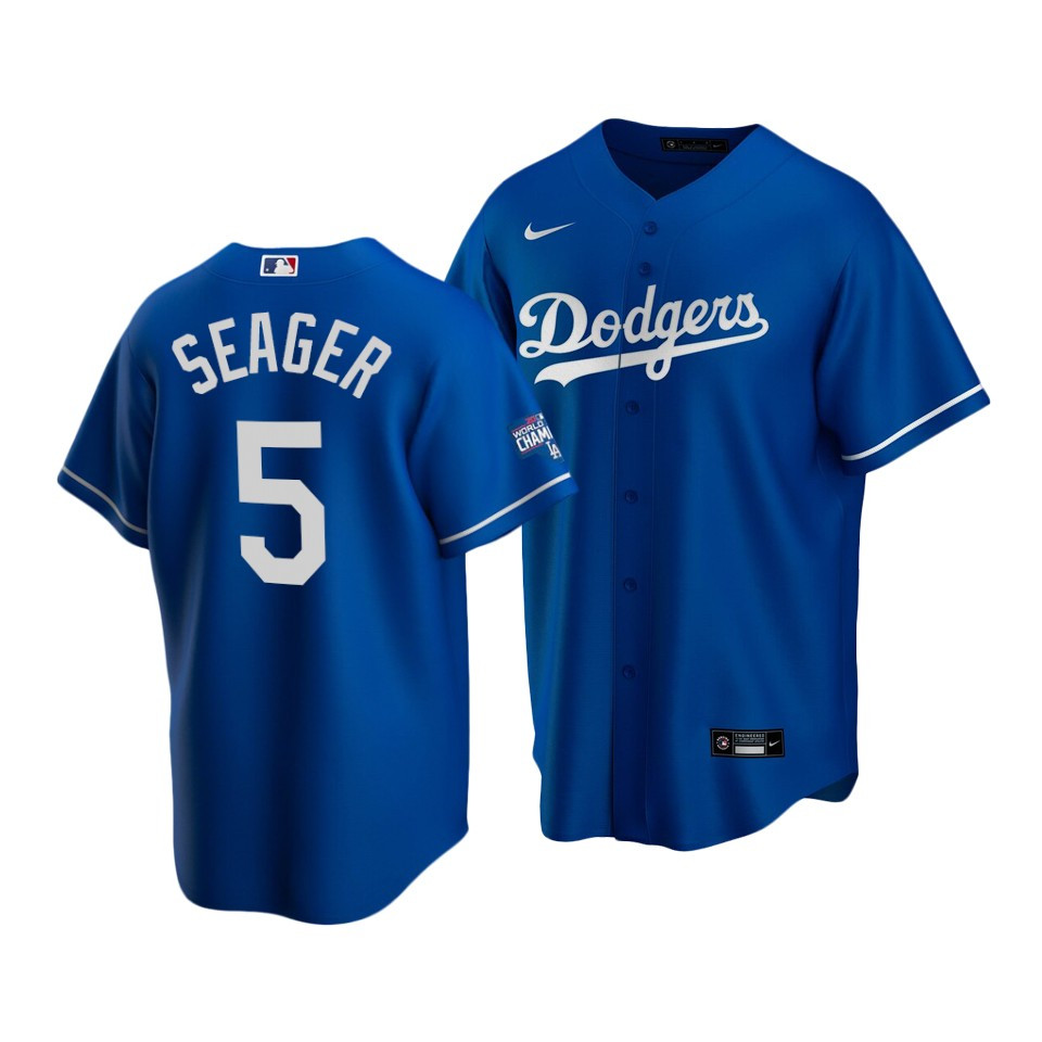 Men's Los Angeles Dodgers Blue #5 Corey Seager 2020 World Series Champions Home Patch Cool Base Stitched Jersey