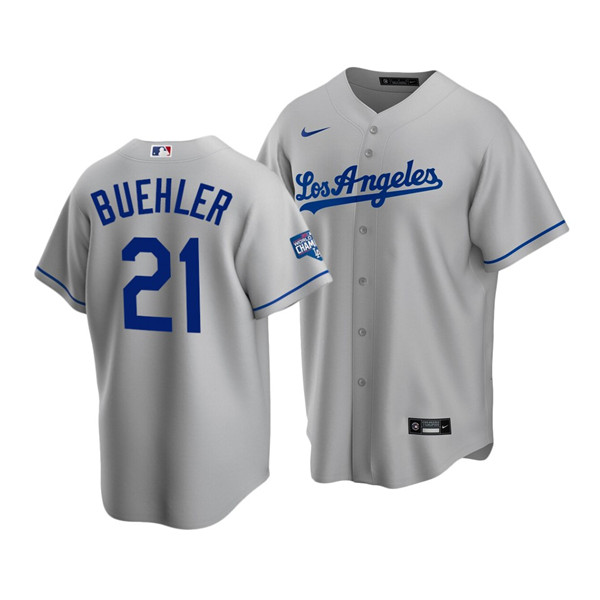 Men's Los Angeles Dodgers Grey #21 Walker Buehler 2020 World Series Champions Home Patch Stitched MLB Jersey