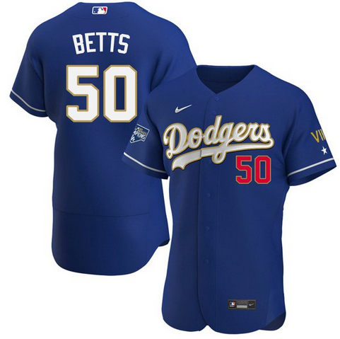 Men's Royal Blue Los Angeles Dodgers #50 Mookie Betts Championship Flex Base Sttiched MLB Jersey