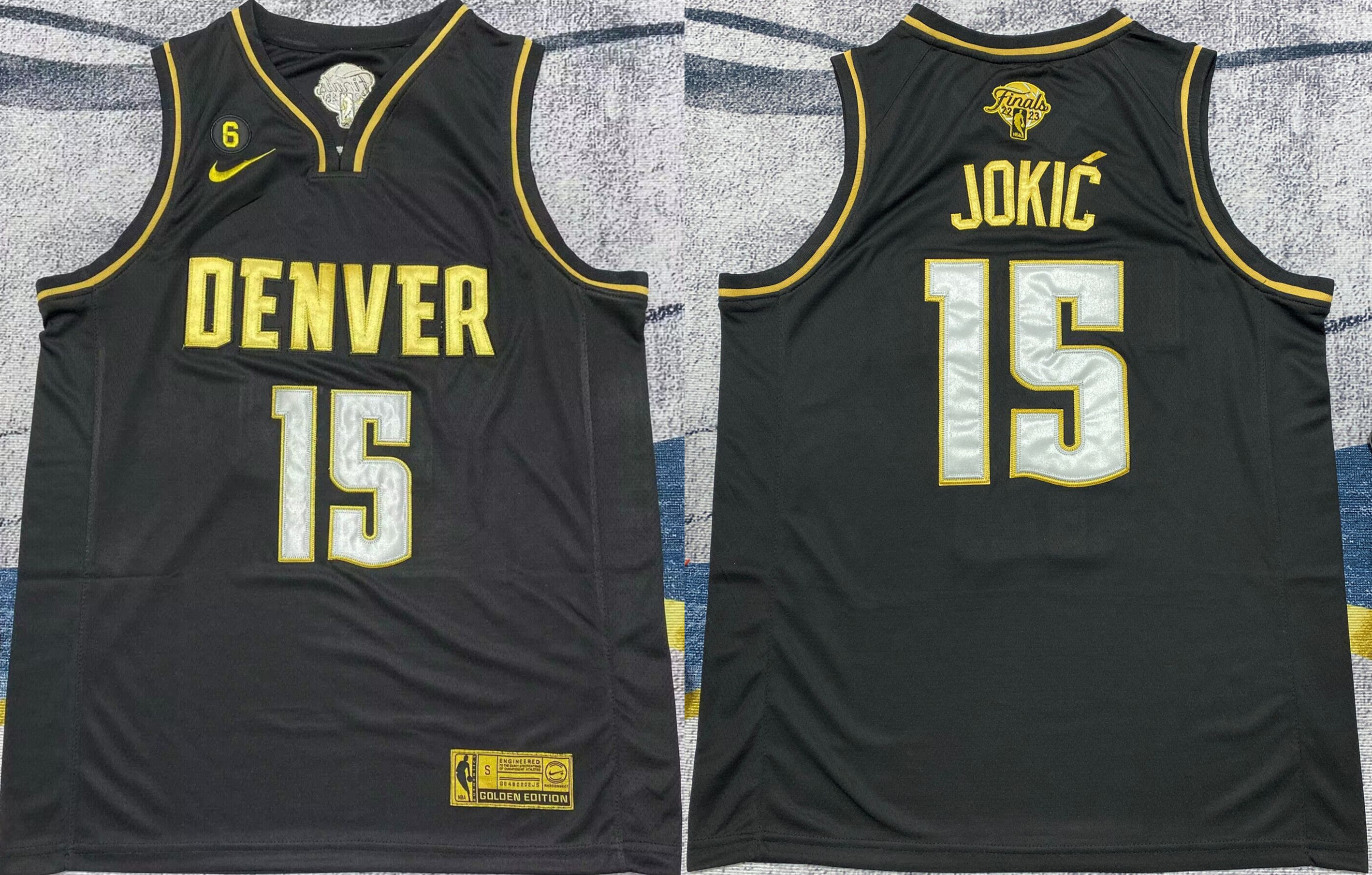 Men's  Black Gold Denver Nuggets #15 Nikola Jokic2023 Finals With NO.6 Patch Stitched Basketball Jersey