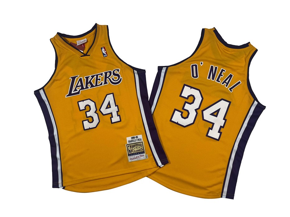 Men's Yellow Los Angeles Lakers #34 Shaquille O'Neal 1999-00 Throwback Basketball Jersey
