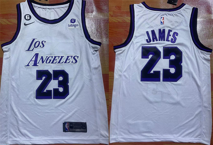 Men's White Los Angeles Lakers #23 LeBron James 2022/23 With NO.6 Patch Stitched Basketball Jersey