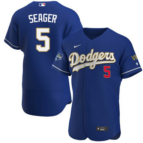 Men's Royal Blue Los Angeles Dodgers #5 Corey Seager Championship Flex Base Sttiched MLB Jersey