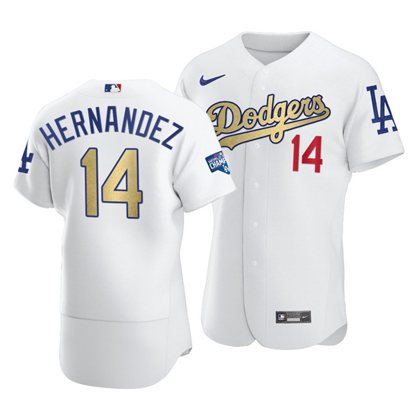 Men's Los Angeles Dodgers White Gold #14 Kiké Hernández 2021 World Series Champions Patch Stitched Jersey