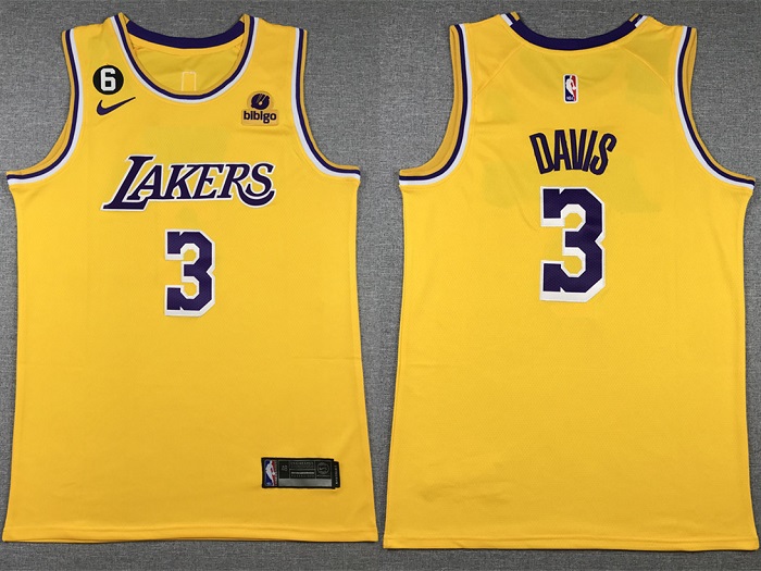 Men's Yellow Los Angeles Lakers #3 Anthony Davis Edition With NO.6 Patch Stitched Basketball Jersey 001