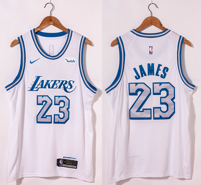 Men's Los Angeles Lakers White #23 LeBron James  City Edition 2020-21 New Blue Silver Logo Stitched NBA Jersey