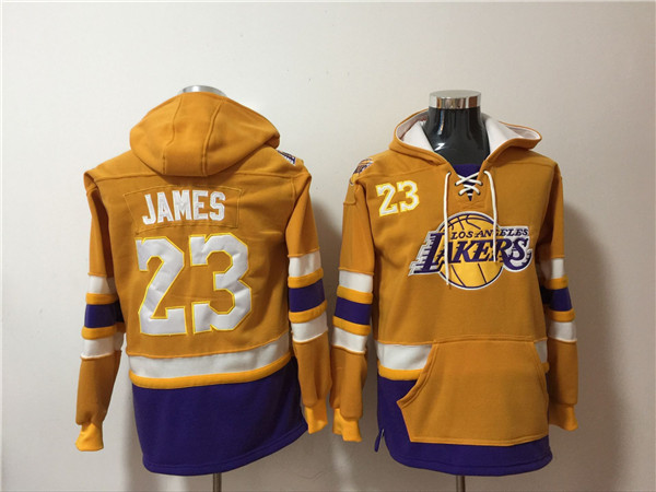 Men's Yellow Los Angeles Lakers #23 LeBron James Lace-Up Pullover Hoodie