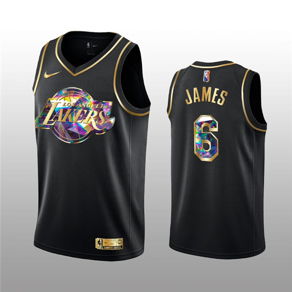 Men's Stitched  Los Angeles Lakers #6 LeBron James 2021/22 Black Golden Edition 75th Anniversary Diamond Logo Basketball Jersey