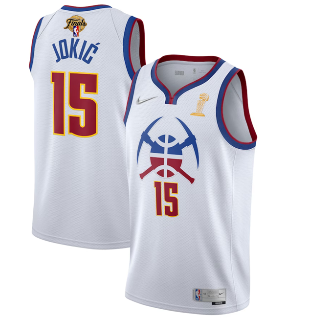 Men's White Denver Nuggets #15 Nikola Jokic 2023 Finals Champions Earned Edition Stitched Basketball Jersey