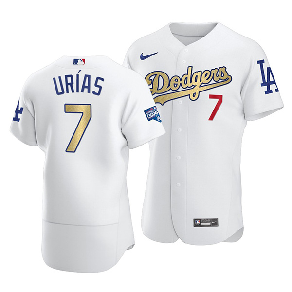 Men's Los Angeles Dodgers White Gold #7 Julio Urias 2021 World Series Champions Patch Stitched Jersey