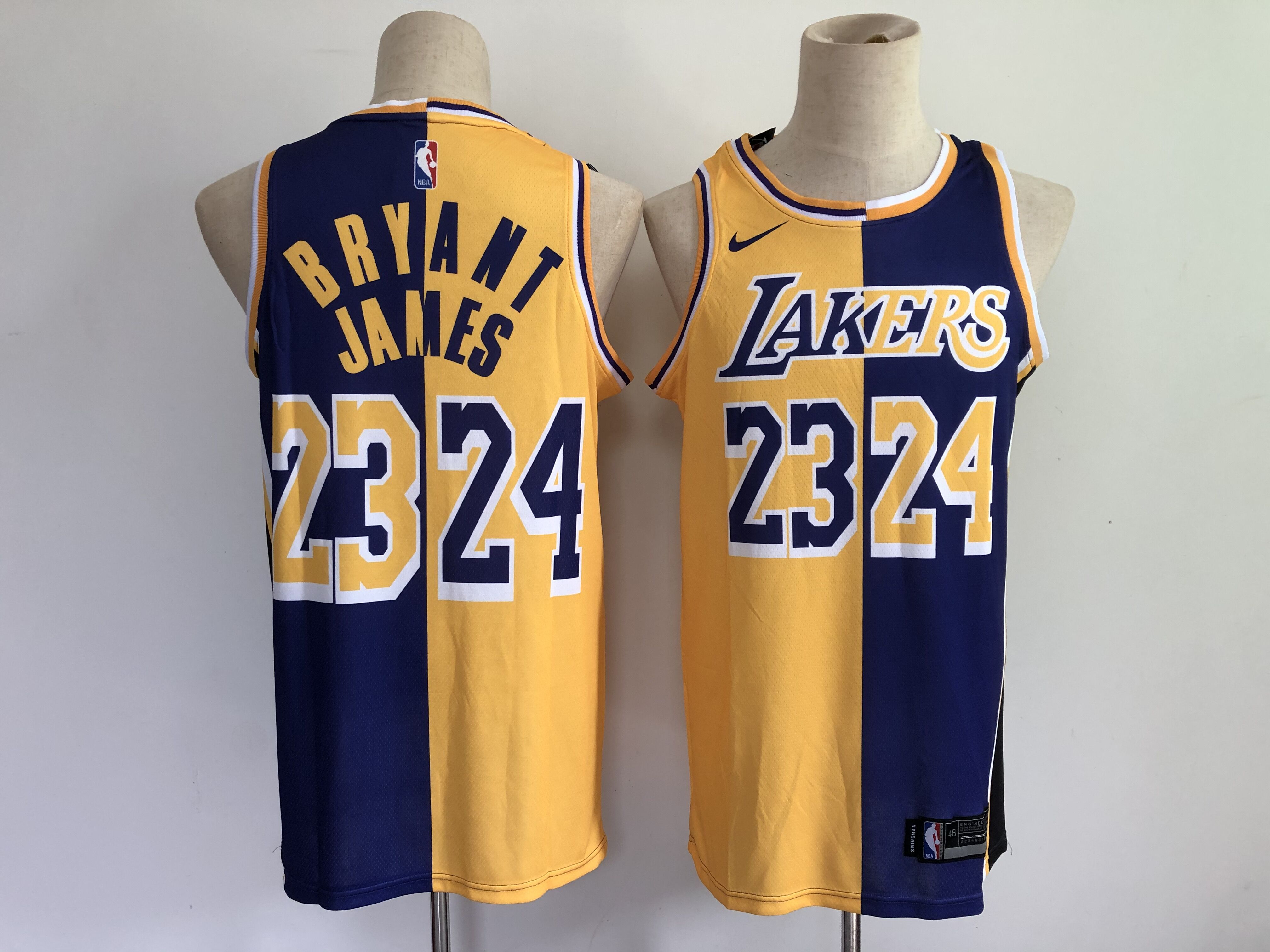 Men's Purple Gold Split Special Panther Los Angeles Lakers #23 LeBron James #24 Kobe Brant Limited Stitched NBA Jersey