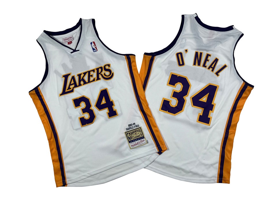 Men's White Los Angeles Lakers #34 Shaquille O'Neal 2003-04 Throwback Basketball Jersey