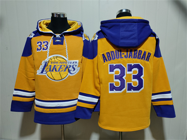 Men's Yellow Los Angeles Lakers #33 Kareem Abdul-Jabbar Lace-Up Pullover Hoodie