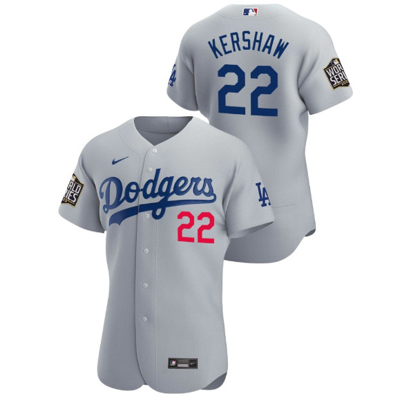 Men's Los Angeles Dodgers Grey #22 Clayton Kershaw 2020 World Series Stitched MLB Jersey