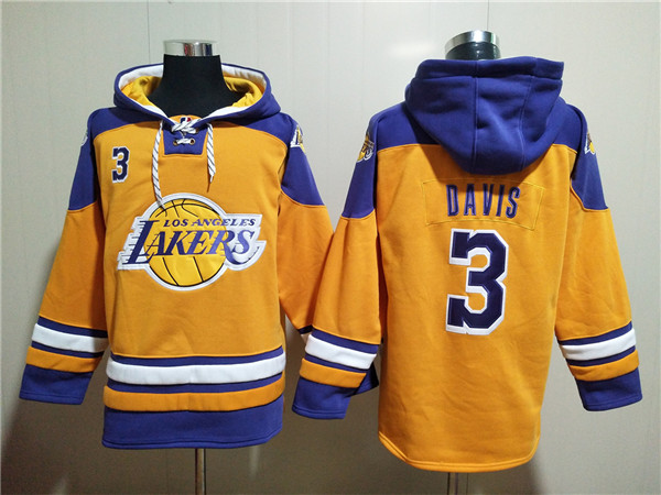 Men's Yellow Los Angeles Lakers #3 Anthony Davis Lace-Up Pullover Hoodie
