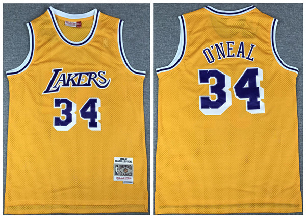 Men's Los Angeles Lakers Gold #34 Shaquille O'Neal Throwback Stitched Jersey