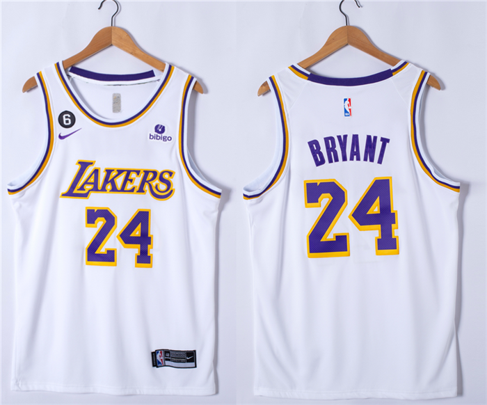 Men's White Los Angeles Lakers #24 Kobe Bryant With NO.6 Patch Stitched Basketball Jersey