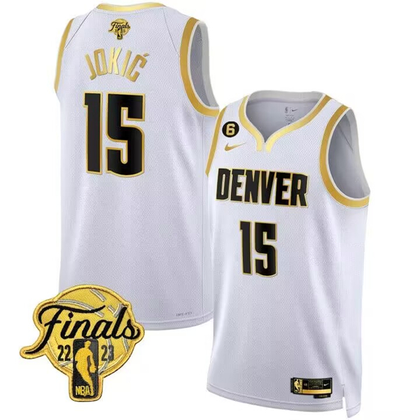 Men's White Gold Denver Nuggets #15 Nikola Jokic Edition 2023 Finals Collection With NO.6 Patch Stitched Basketball Jersey