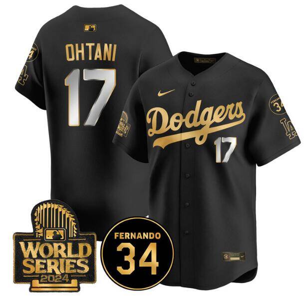 Men's Black/Gold Los Angeles Dodgers #17 Shohei Ohtani 2024 World Series With Fernando Memorial Patch Limited Stitched Baseball Jersey