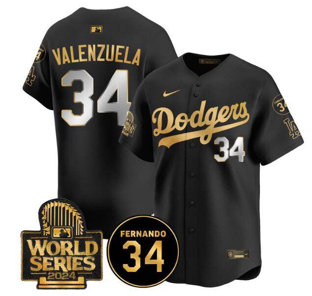Men's Black/Gold Los Angeles Dodgers #34 Toro Valenzuela 2024 World Series With Fernando Memorial Patch Limited Stitched Baseball Jersey