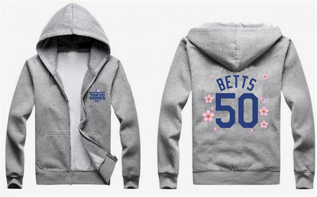 Men's Gray Los Angeles Dodgers #50 Mookie Betts 2025 Tokyo Series Full-Zip Hoodie