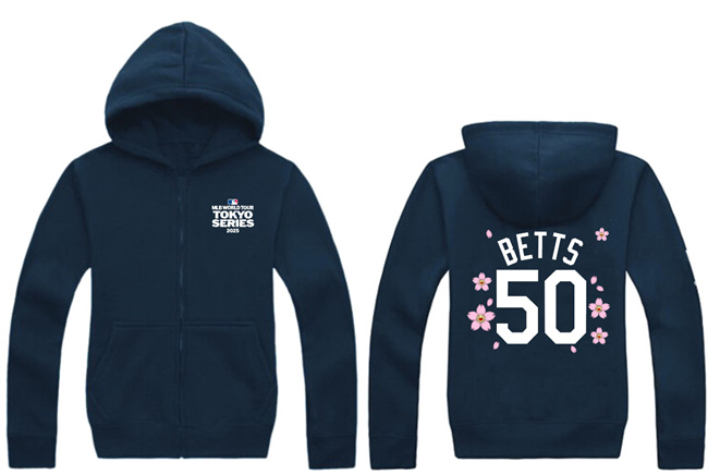 Men's Navy Los Angeles Dodgers #50 Mookie Betts 2025 Tokyo Series Full-Zip Hoodie